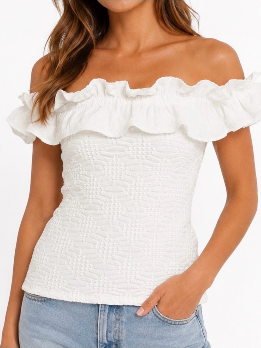 Maeve White Ruffled Off-Shoulder Camisole
